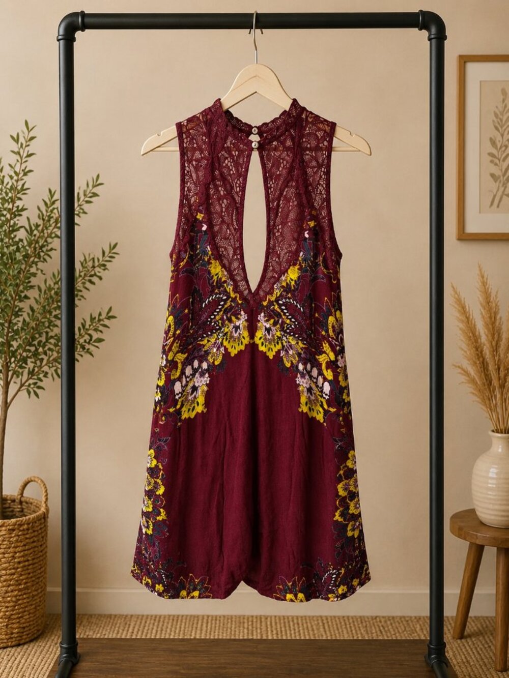FREE PEOPLE Boho Lace Halter Tunic Dress – Burgundy Floral Tunic - Picture 3 of 4